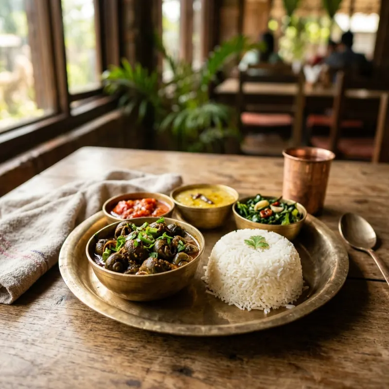 Authentic Tharu Thali with spicy freshwater snails served on a brass plate in Sauraha Nepal