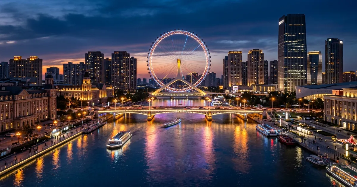 Panoramic twilight view of Tianjin Eye on Yongle Bridge over Haihe River