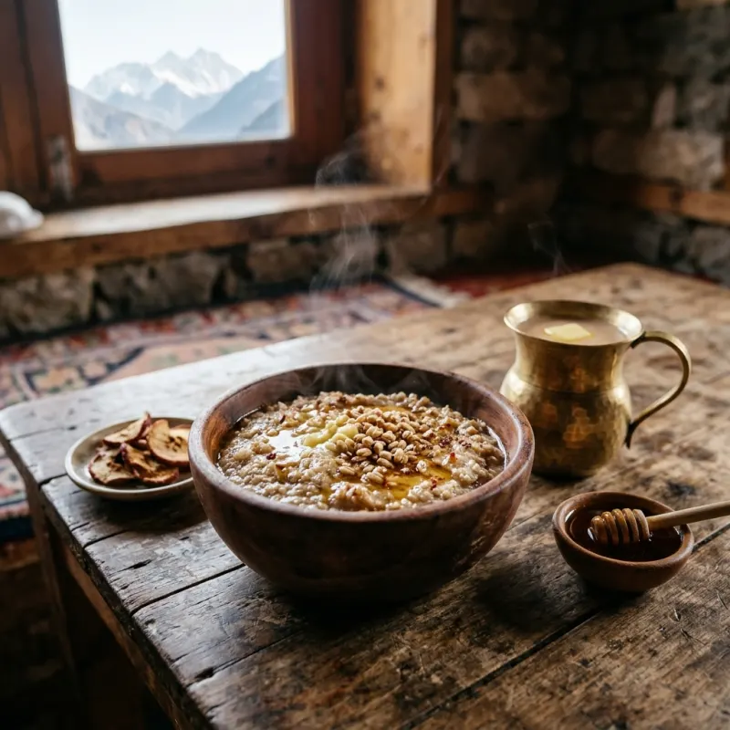 Bowl of Tibetan Tsampa roasted barley porridge with butter tea in Manang