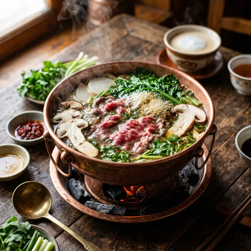 Tibetan Yak Meat Hot Pot served in an ornate traditional copper pot