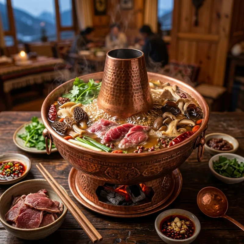 Authentic Tibetan yak meat hotpot simmering in a traditional copper pot with fresh mushrooms and herbs