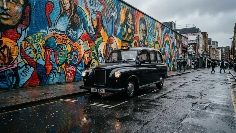 Book a Licensed Political Black Cab Tour 4 A classic black cab parked next to a colorful mural on a tall urban wall.