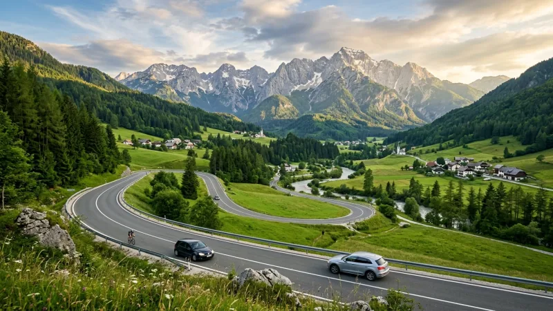 Buy the E-Vignette Before Hitting the Motorway 19 Paved scenic motorway cutting through lush green Slovenian valleys toward rugged alpine mountains.