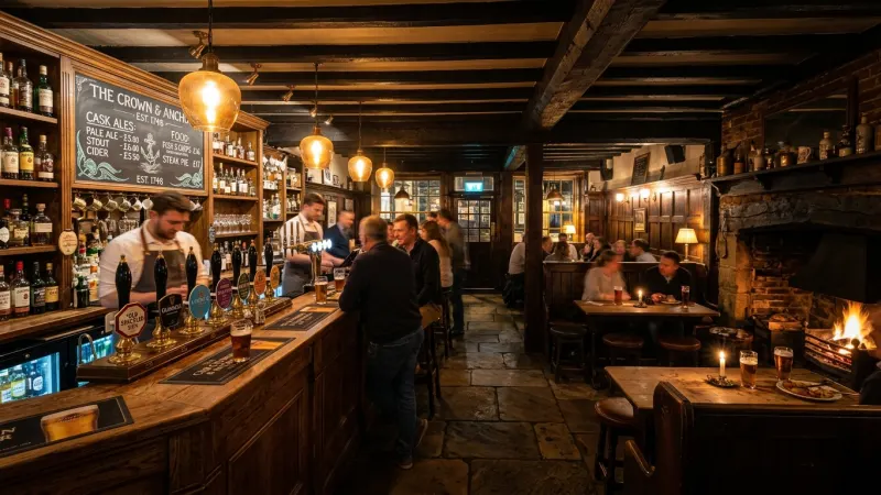 Decode Pub Etiquette and the Sunday Roast 14 Interior of a traditional historic pub with wooden bar counter, beer taps, and warm lighting.