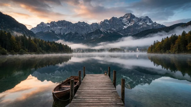 Escape Lake Bled Crowds at Pristine Lake Bohinj 18 Still crystal-clear mountain lake with dramatic alpine reflections and a wooden dock in the foreground.