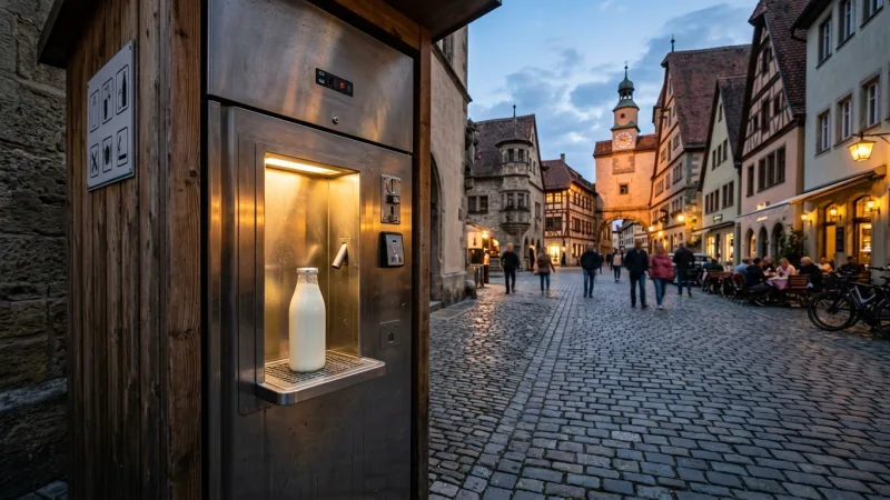 Experience Local Dairy at 24/7 Mlekomat Dispensers 17 Outdoor fresh milk dispenser machine with a reusable glass bottle standing on a cobblestone plaza.