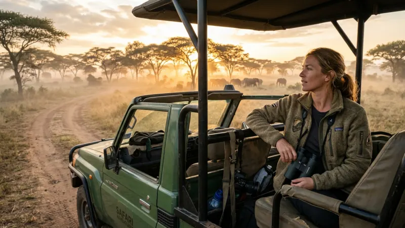 Layer Up for Open-Vehicle Safari Drives 9 A safari passenger dressed in warm khaki layers sitting inside an open-top vehicle at dawn in the bush.