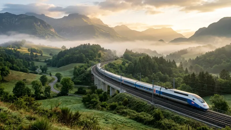 Master Split Ticketing for Rail Travel 15 A passenger train traveling across green countryside tracks in morning mist.