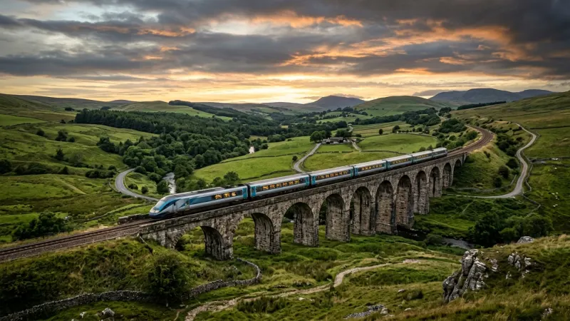 Master Split Ticketing on Long-Distance Trains 1 A passenger train speeding across a tall stone railway viaduct surrounded by rolling green countryside.