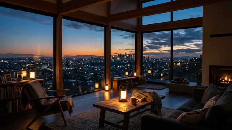 Master the Rhythm of Load Shedding 11 A softly lit room with battery-powered lanterns glowing warm against a dark evening window.