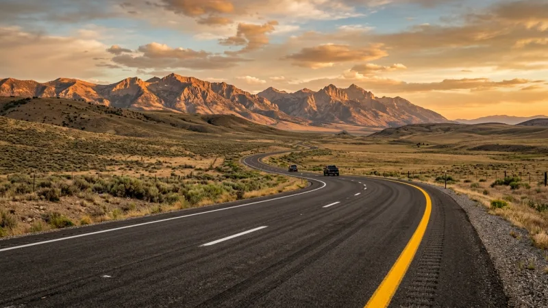 Navigate the Yellow Line Driving Courtesy 10 An open asphalt highway with clear road markings stretching into a scenic mountain landscape during golden hour.