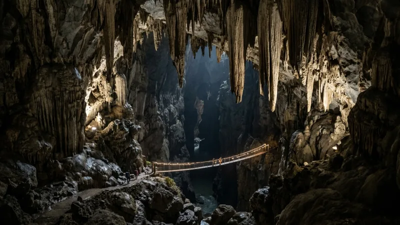 Pack Winter Layers for Škocjan and Postojna Caves 15 Vast underground limestone cavern with massive rock formations and a subtle lighted footbridge across a gorge.