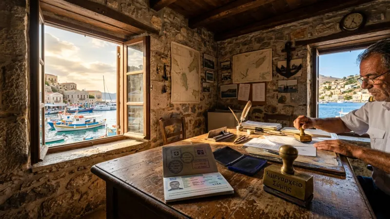 Register Your Stay Within 24 Hours 10 A passport resting on a rustic wooden desk next to travel documents and a stone window overlooking the sea.