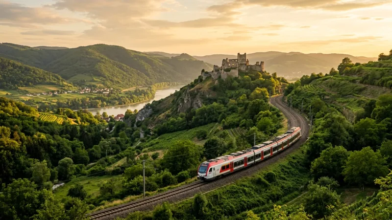 Skip Rental Cars for Historic Day Trips 15 Passenger train running on tracks through rolling green hills with historic palace towers in the distance.