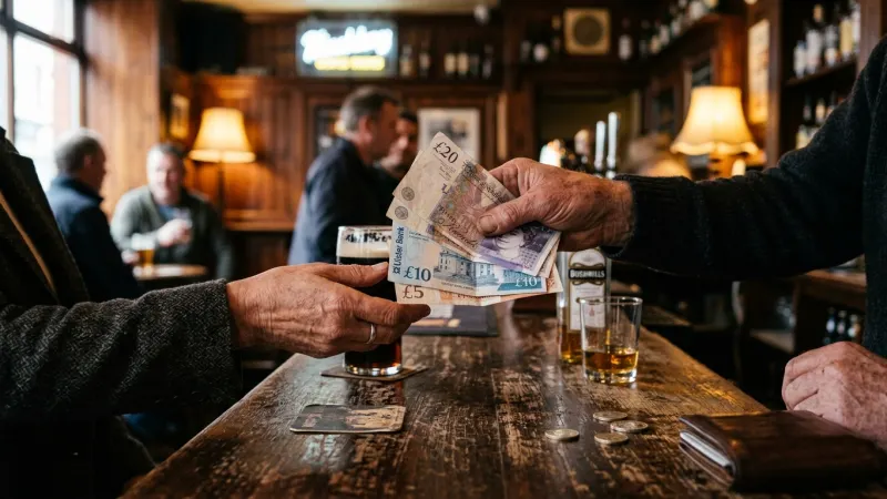 Spend Local Banknotes Before Leaving 7 Close-up of hands exchanging paper currency over a wooden table.