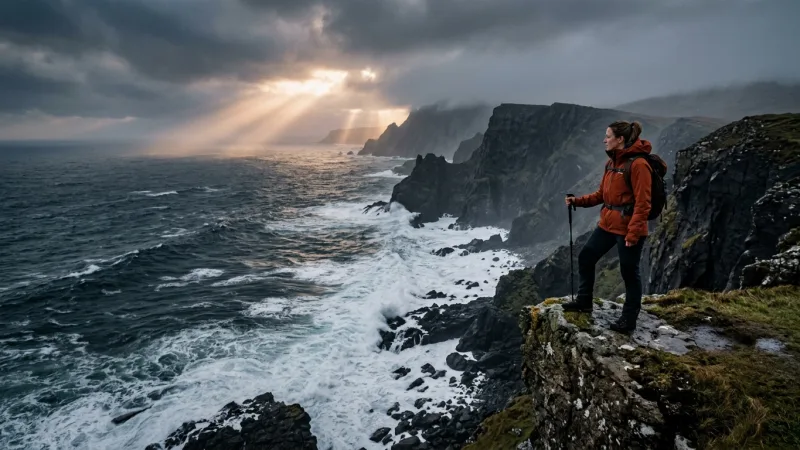 Swap Umbrellas for Windproof Technical Shells 1 A lone traveler wearing a technical weatherproof jacket standing atop a windswept cliff above the sea.