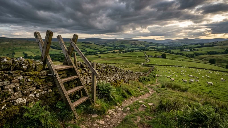 Unlock the Countryside via Public Footpaths 12 A wooden footpath stile built into a drystone wall overlooking pastoral hills.