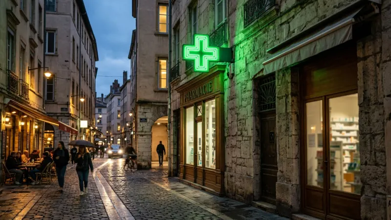 Use Farmácia Green Crosses for Minor Ailments 14 Glowing green cross pharmacy sign illuminated at dusk against an old stone facade.