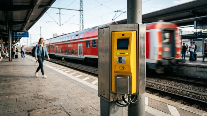 Validate CP Rail Tickets Before Boarding 12 Yellow electronic transit ticket validator totem standing on an open railway station platform.