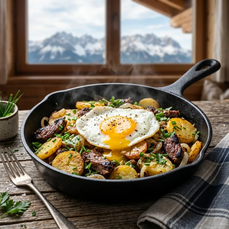 Authentic Tiroler Groestl skillet with a fried egg and fresh chives on a rustic alpine wooden table