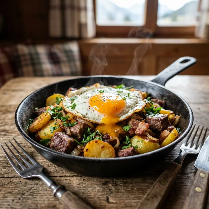 Authentic Tyrolean Tiroler Groestl served in a cast iron skillet with a fried egg