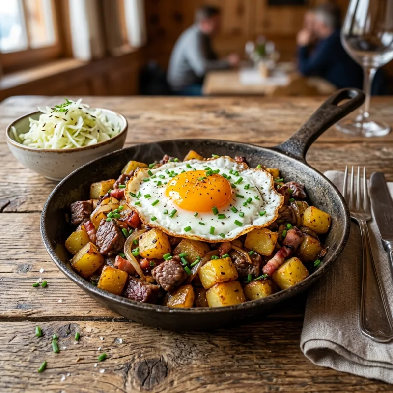 Authentic Tiroler Gröstl in a cast iron skillet topped with a fried egg