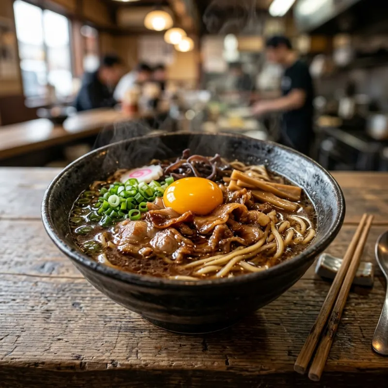 Authentic bowl of Tokushima Ramen with rich dark broth, sliced simmered pork belly, and raw egg yolk