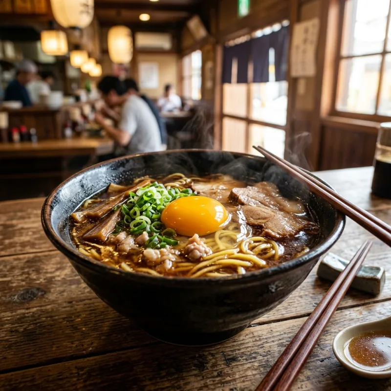 Steaming bowl of Tokushima Ramen topped with braised pork belly, green onions, and raw egg yolk
