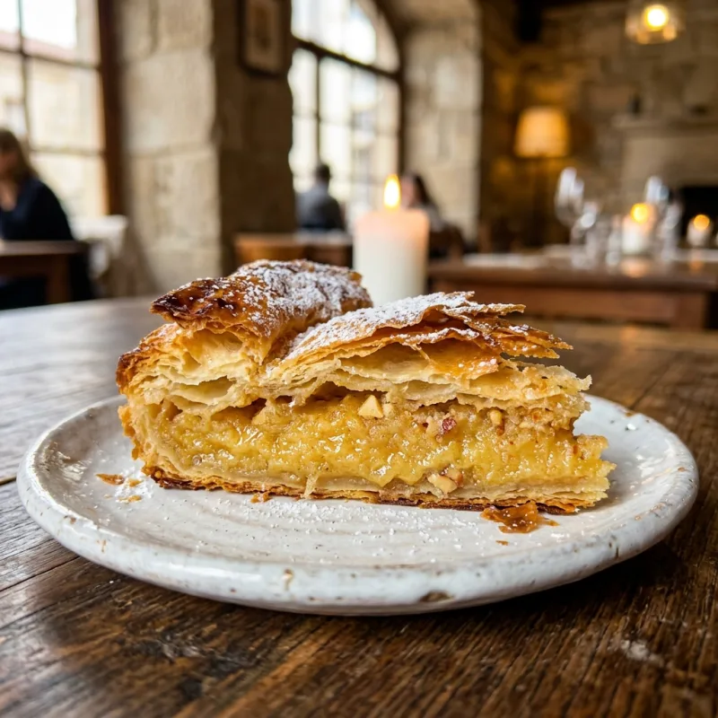 Torta de Guimarães pastry showing flaky crust and sweet egg almond filling