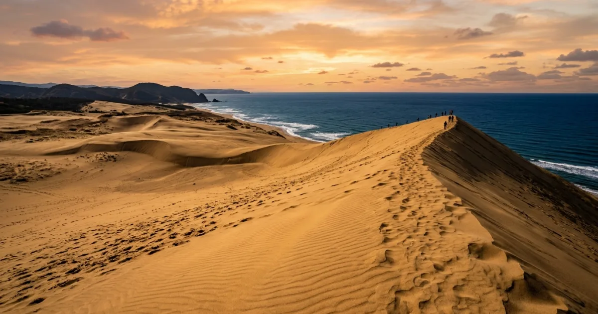 Panoramic golden sunset over the expansive Tottori Sand Dunes overlooking the Sea of Japan