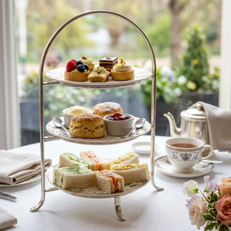 Traditional British afternoon tea set with tiered cake stand, scones, sandwiches, and fine china