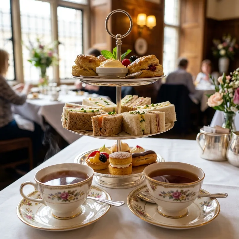 British afternoon tea with finger sandwiches, scones, clotted cream, and tea in fine bone china