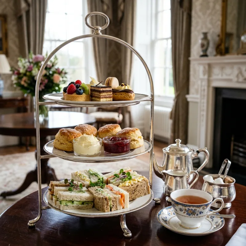 Traditional British afternoon tea stand with scones, sandwiches, and pastries