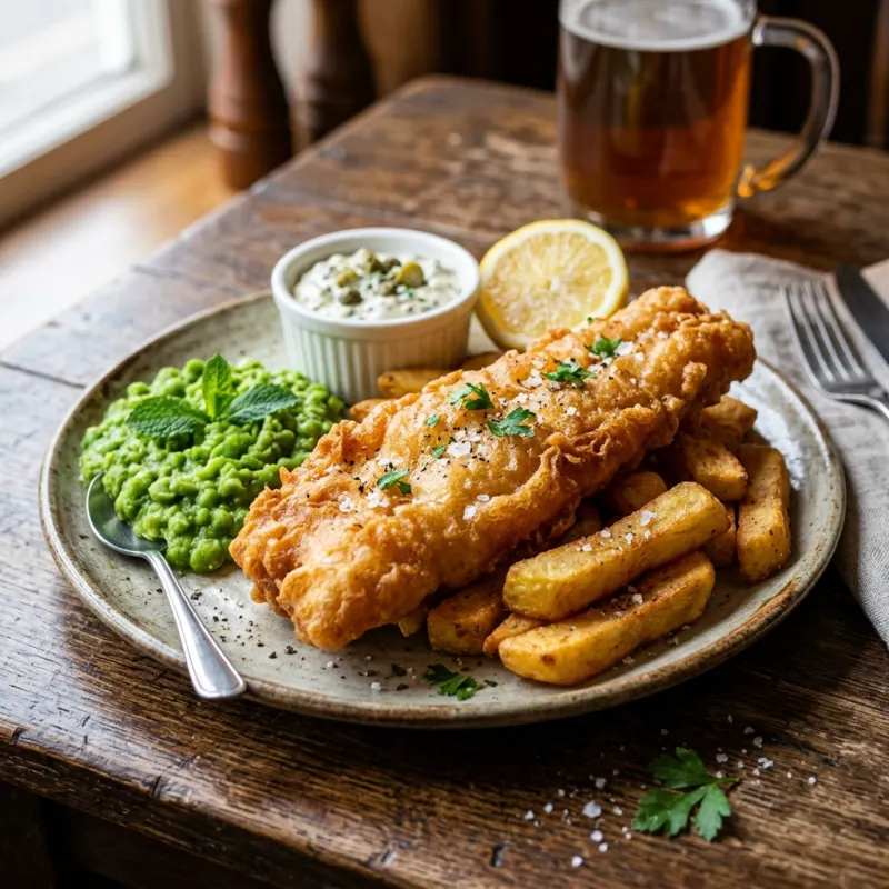 Classic British fish and chips served with mushy peas and tartare sauce