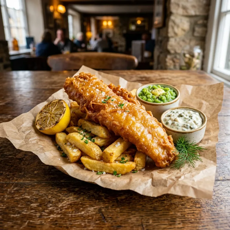 Golden beer-battered fish and thick-cut chips served with mushy peas on a wooden pub table