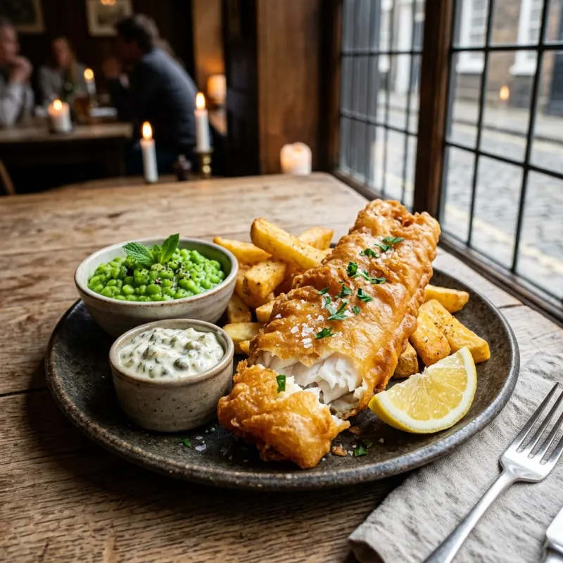 Traditional British beer-battered fish and chips with mushy peas and tartar sauce