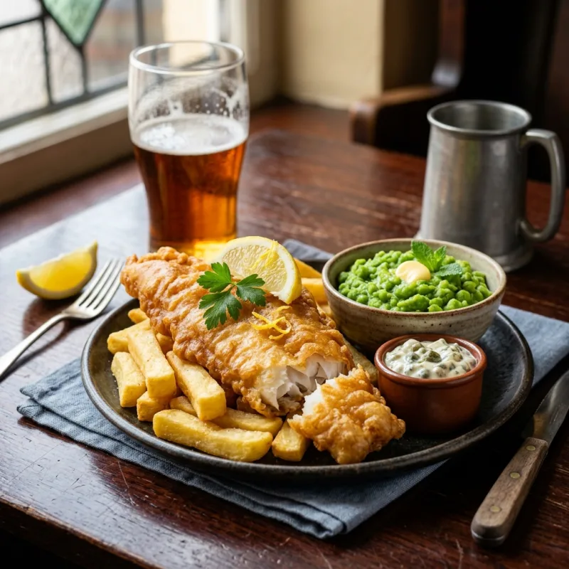 Golden beer-battered haddock served with thick-cut chips and mushy peas in a London pub.