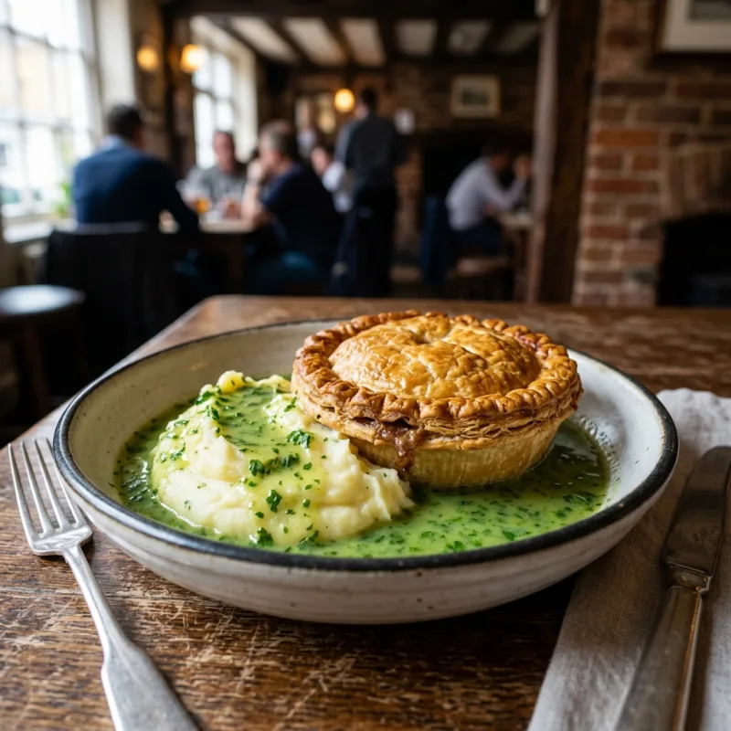 Traditional London beef pie and mash with green parsley liquor