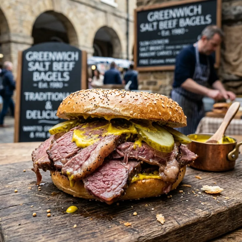 Generously filled traditional London salt beef bagel with yellow mustard and gherkins