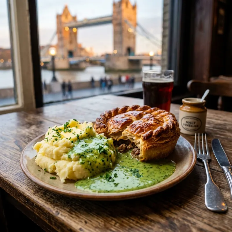 Traditional London minced beef pie with mash and green liquor sauce