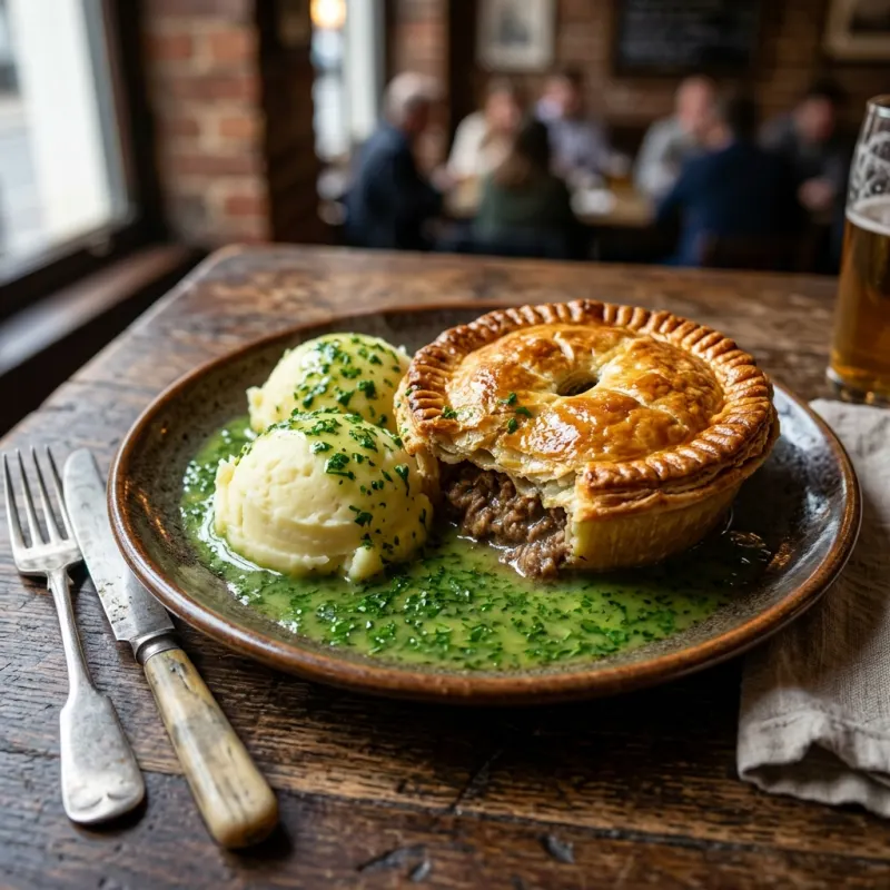 Authentic British minced beef pie with mash and green parsley liquor on a wooden table in Greenwich