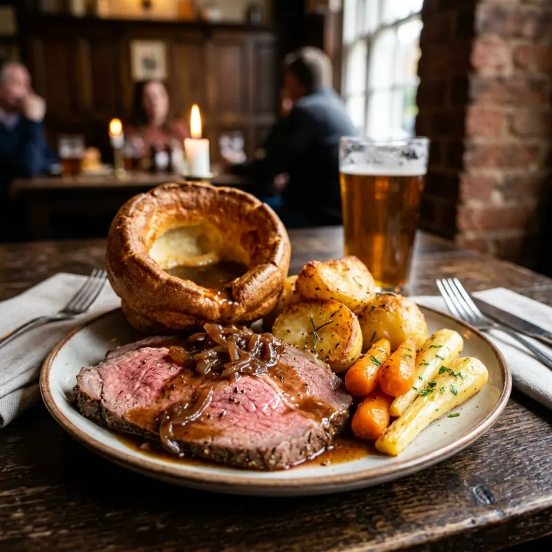 British roast beef served with a fluffy Yorkshire pudding and roast vegetables in London