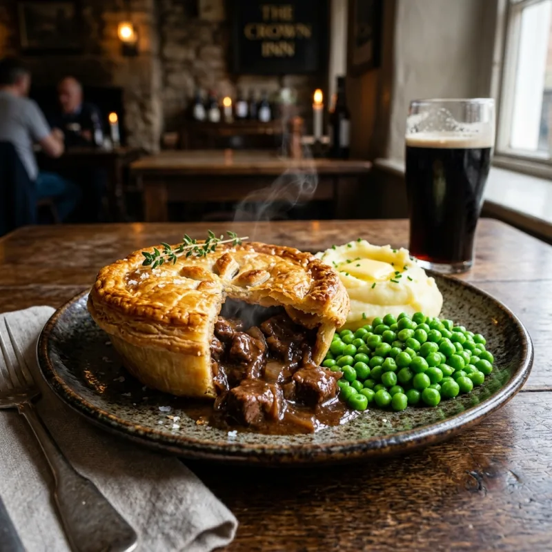 Golden-crusted British steak and ale pie served with creamy mashed potatoes and ale gravy
