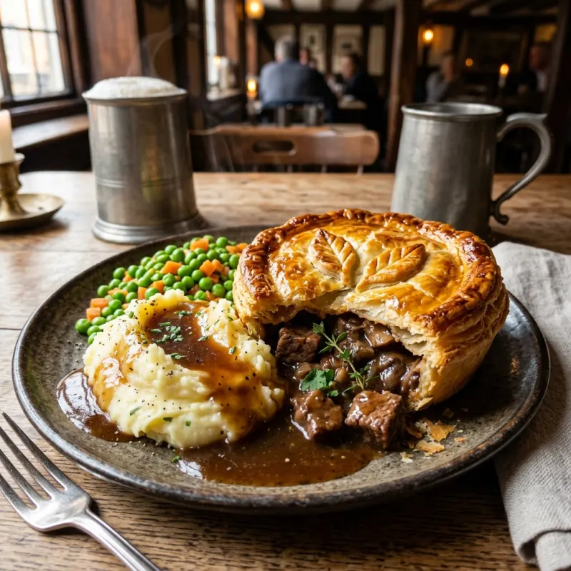 Golden-crusted traditional British steak and ale pie served with creamy mash and peas