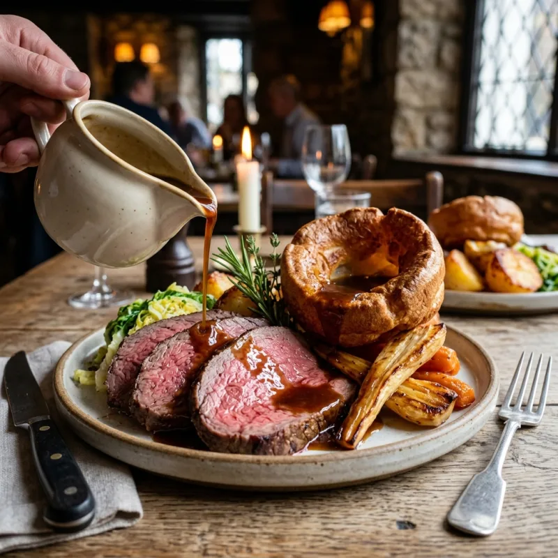 Traditional British roast beef with a Yorkshire pudding and roast vegetables