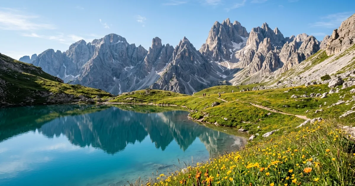 Panoramic view of the Brenta Dolomites and alpine lake in Trentino Italy