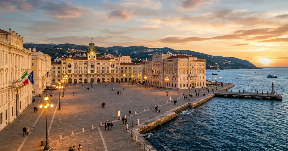 Piazza Unità d'Italia opening onto the Adriatic Sea at sunset in Trieste, Italy