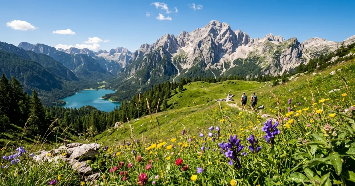 Panoramic landscape of Triglav National Park showing dramatic alpine peaks and lush valleys in Slovenia