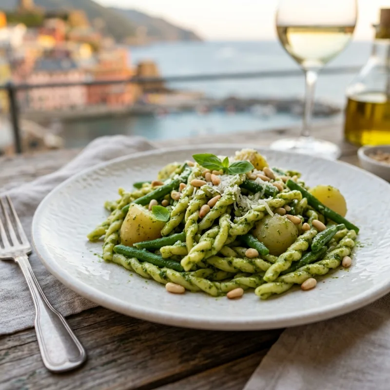 Authentic plate of Ligurian trofie pasta coated with fresh green basil pesto, potatoes, and green beans
