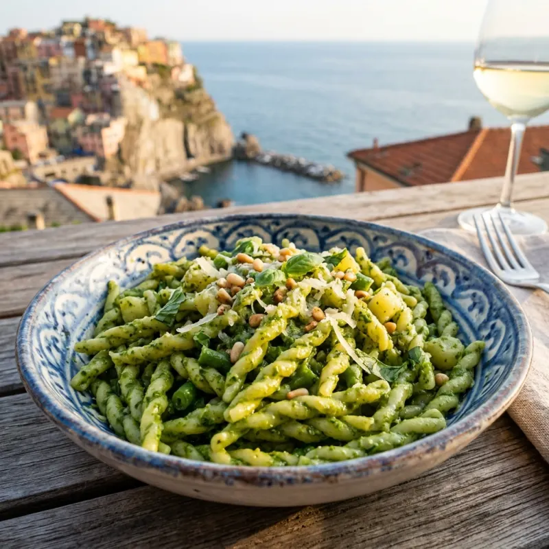 Authentic Italian plate of trofie pasta coated in fresh bright green basil pesto